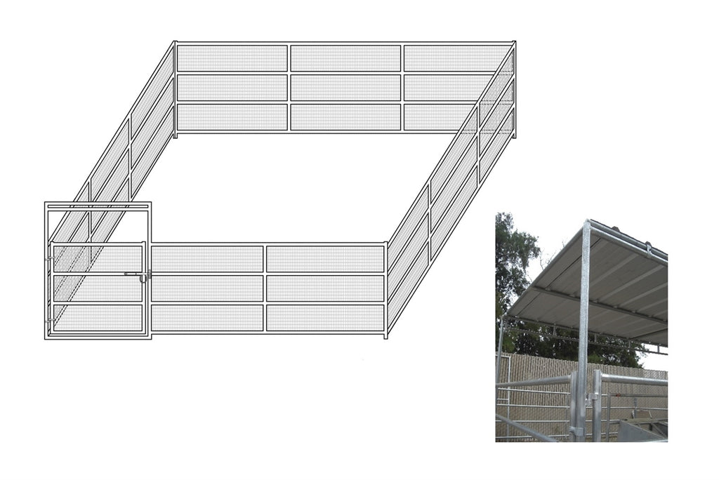 24'W x 24'D Complete Welded Wire Corral 4-Rail 1-7/8 with 8' x 24' Trussed Cover