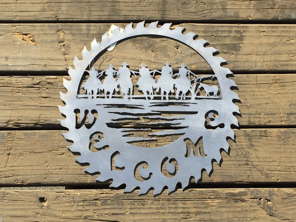 Round Groupn of Cowboys Welcome Saw - Laser Art